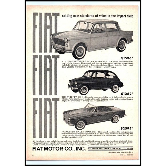 1963 Fiat Car Lineup 1100 600 D 1200 Spider Roadster Vintage Print Ad Wall Art - Picture 1 of 1